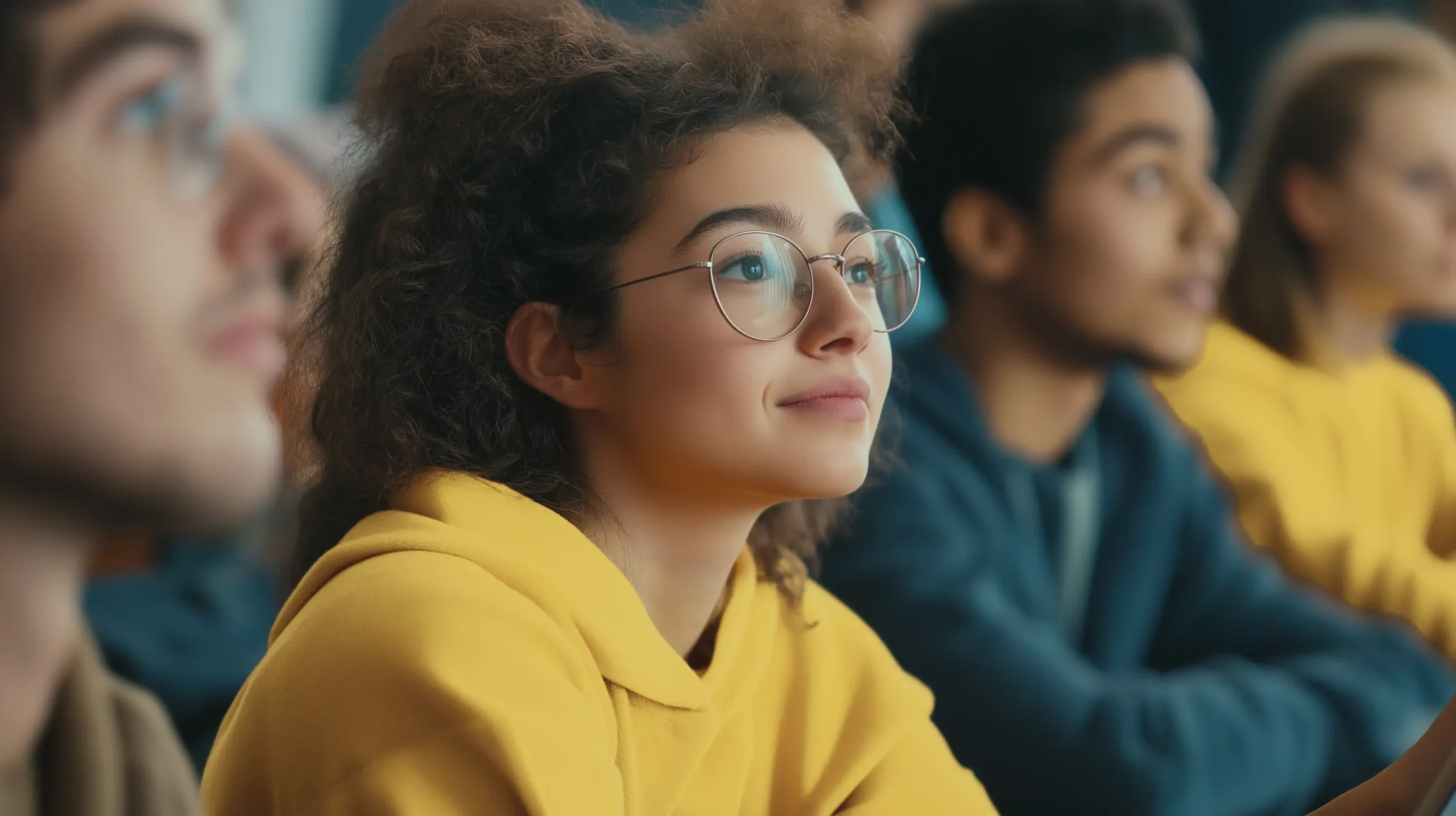 Gebärdensprache lernen für Anfänger: Das Bild zeigt eine junge Frau mit lockigem Haar und einer Brille, die aufmerksam nach vorne schaut und einer Unterrichtsstunde folgt.