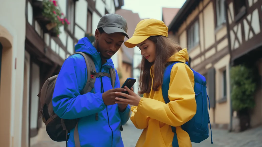 Gebärdensprache lernen Kurs in der Nähe: Das Bild zeigt zwei junge Menschen, die sich in einer charmanten Altstadt befinden. Sie schauen gemeinsam auf ein Smartphone und wollen einen Kurs finden.