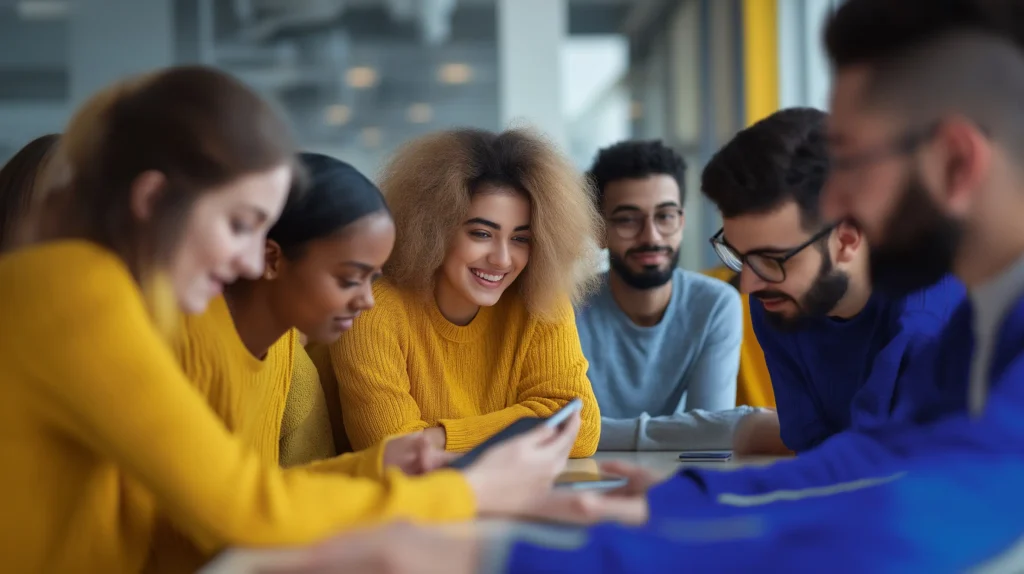 Gebärdensprache lernen für Anfänger: Das Bild zeigt eine Gruppe junger Menschen, die zusammen an einem Tisch sitzen und sich auf eine Aufgabe konzentrieren.