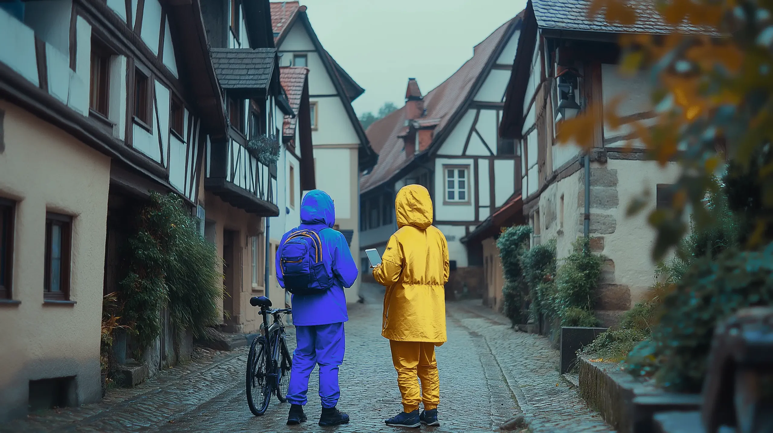 Gebärdensprache lernen Kurs in der Nähe: Das Bild zeigt zwei Personen, die in farbenfrohen Regenjacken und mit Kapuzen durch eine malerische, historische Straße gehen.